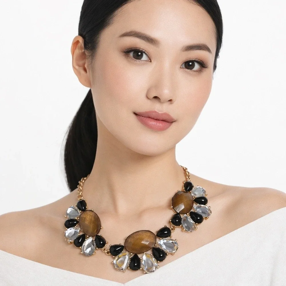 Gold Tone Statement Chunky Bib Necklace‎ Amber Black Clear Faceted Stones 103-08